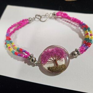 Handmade Resin Tree Charm Bracelet With Pink Beads Multicolor Strands Adjustable